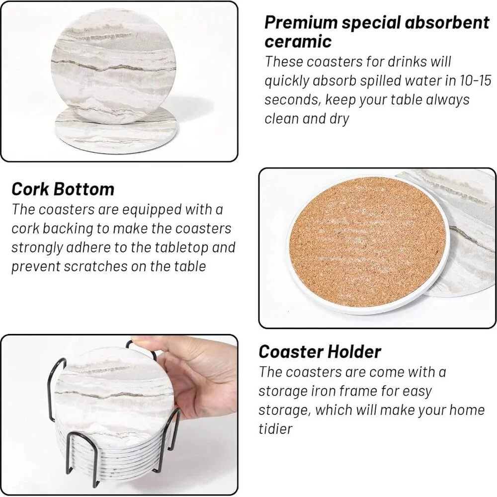 Coasters Set of 10, Absorbent Drink Coasters with Holder, Marble Style Ceramic C